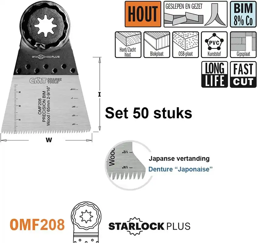 CMT OMF208-X50 Lame de scie multitool (dents japonaises) pour bois 65 mm 50 pièces