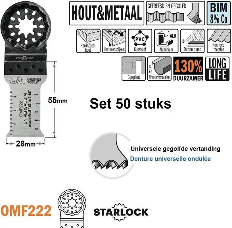 CMT OMF222-X50 Lame de scie multitool pour bois et métal 28 mm 50 pièces