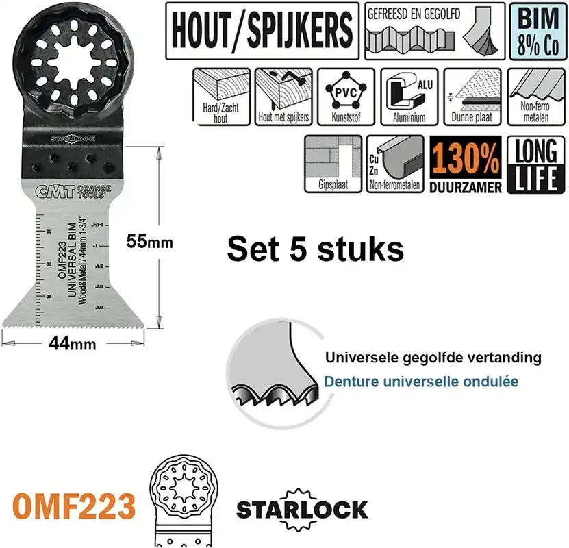 CMT OMF223-X5 Lame de scie multitool pour bois et métal 44 mm 5 pièces