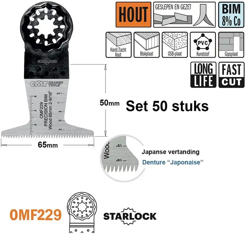 CMT OMF229-X50 Lame de scie multitool (dents japonaises) pour bois 65 mm 50 pièces