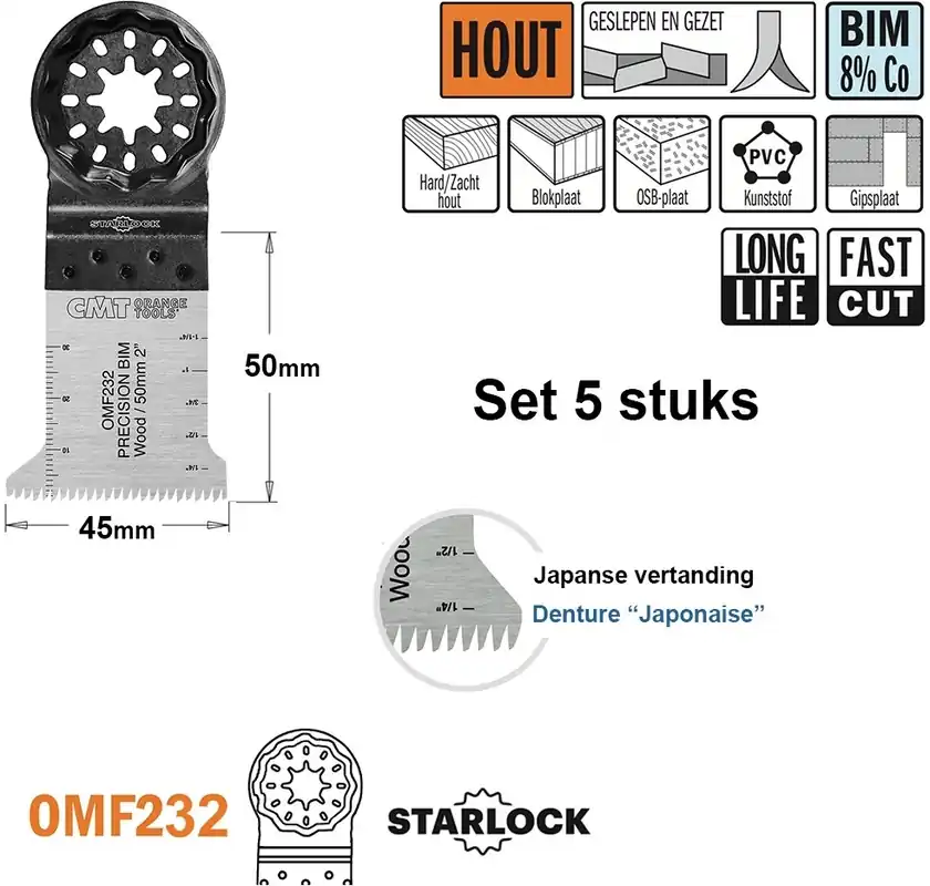 CMT OMF232-X5 Lame de scie multitool pour bois avec clous 45 mm 5 Pièces