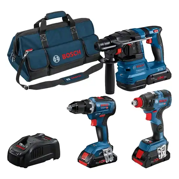 Bosch Bleu 0615A5003B 3 Kit d‘outils - Perceuse sans fil GSR 18V-55 + GDX 18V-200 Boulonneuse rotative + GBH 18V-22 Marteau perforateur 18V 4.0Ah Li-Ion en sac