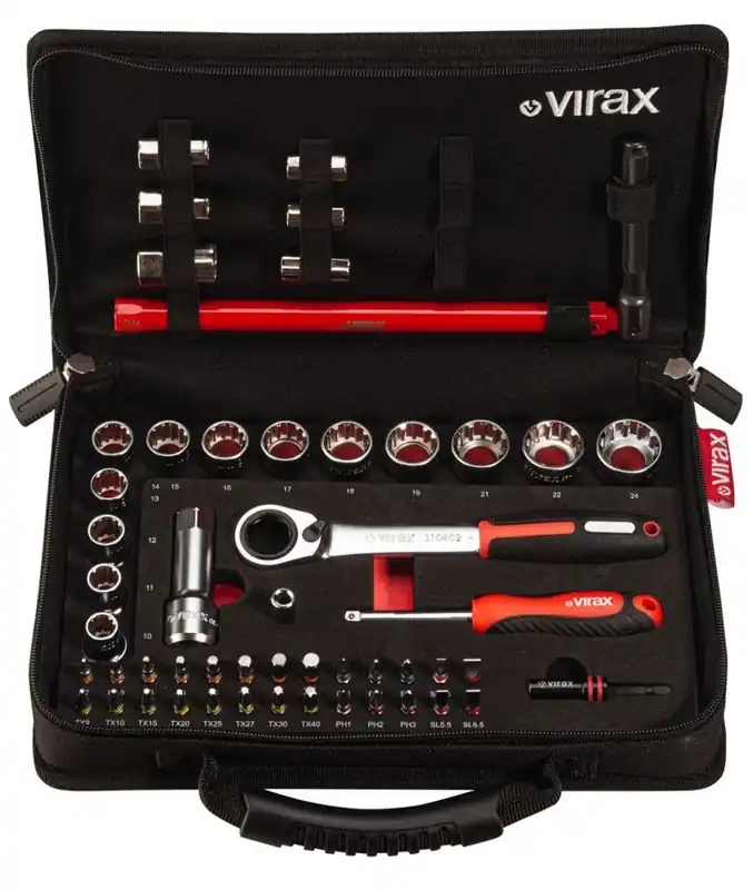 VIRAX 310410 Coffret de 51 pièces - Clé à grue, douilles à deux ouvertures, embouts 1/4