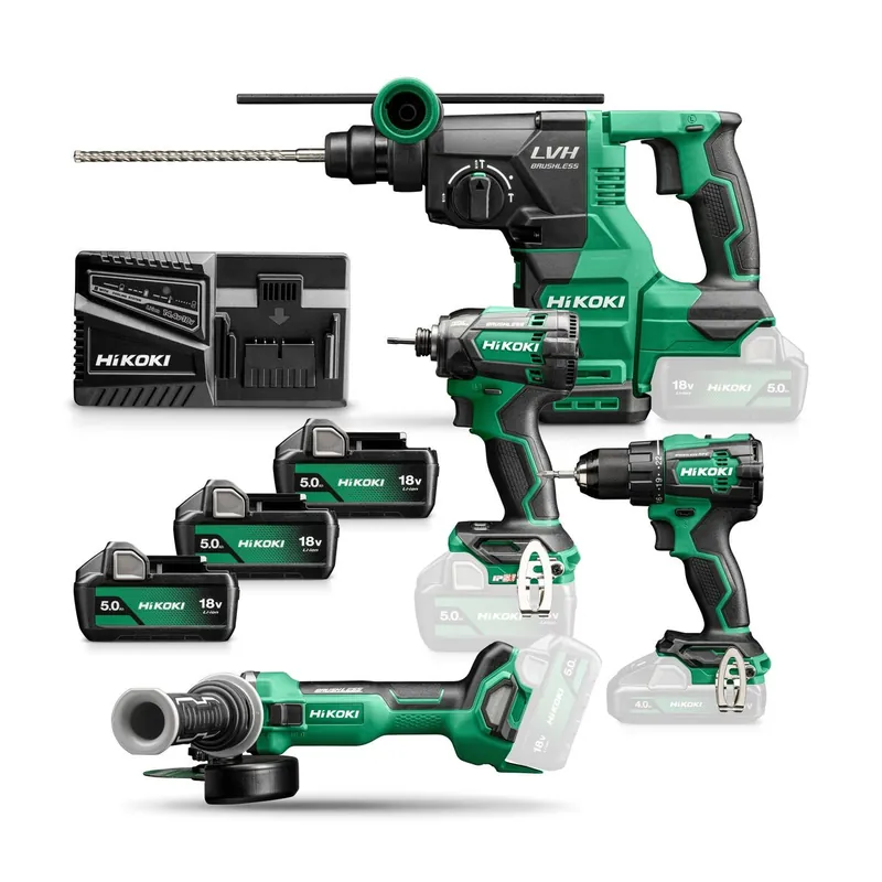 HIKOKI KC18DEWHZ Combiné - Perceuse sans fil DS18DE + Perceuse à percussion WR18DC + Meuleuse G1813DA + Marteau combiné DH1826DA 18V 5.0Ah Li-Ion dans un sac
