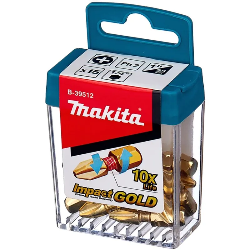 Makita Accessoires B-39512 Embout de vis à choc XTT Impact Gold PH2 x 25 mm Par 15 Pièces