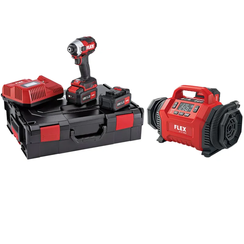 Flex-tools 532033 ID 1/4" 18.0-EC-HD/5.0 Set Tournevis à percussion sans fil 18V 5.0Ah Li-Ion en L-Boxx + CI 11 Pompe à air sans fil 18V/12V