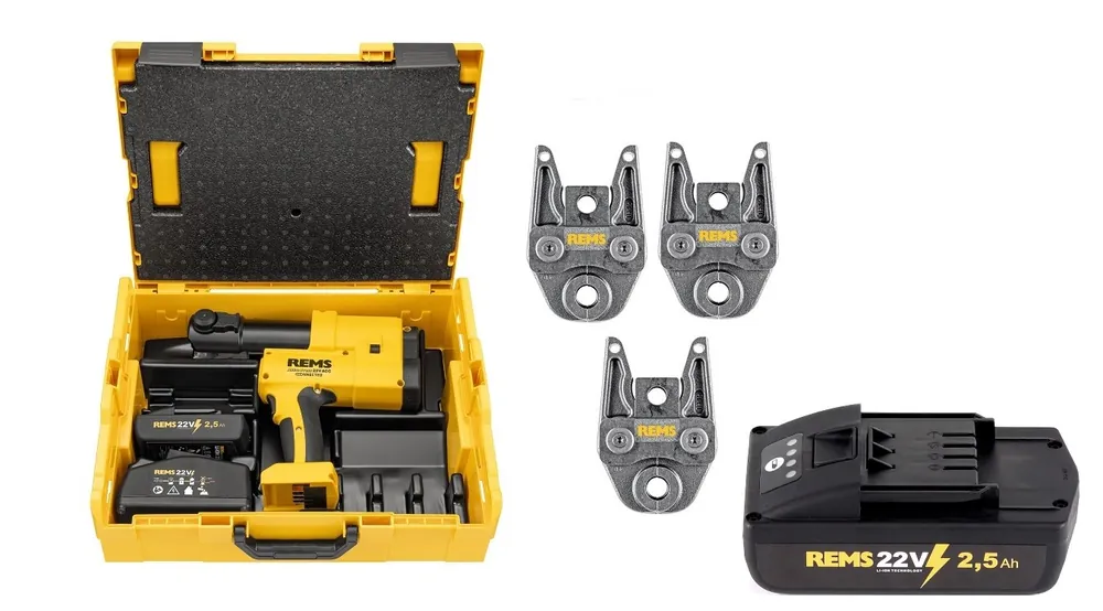 Rems 576058 R220 Akku-Press 22V ACC Connected SET F 16+20+26 Presse de précision 22V 2 x 2.5Ah en L-Boxx