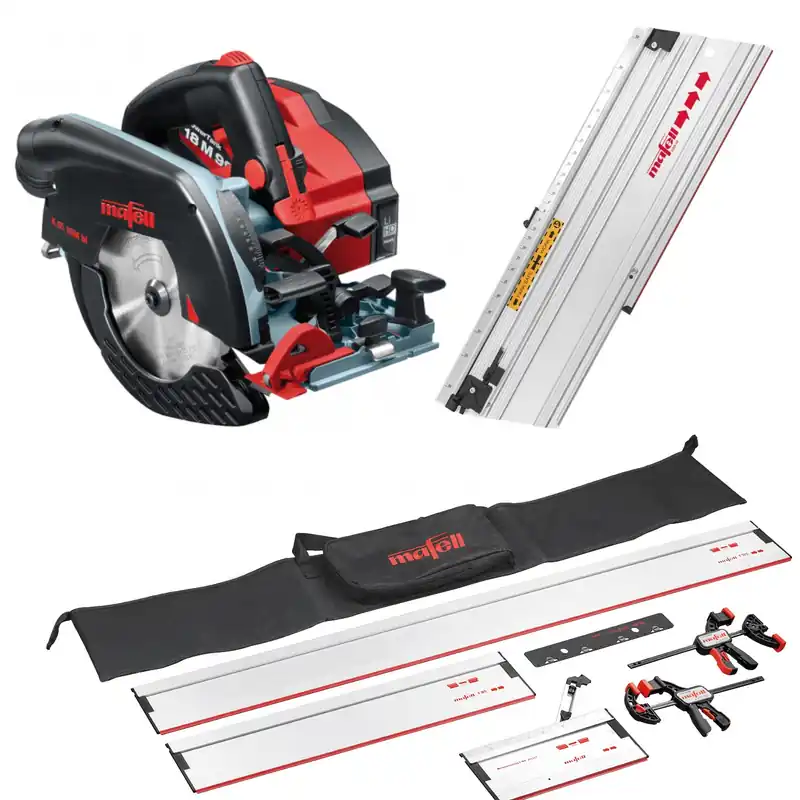 Mafell 1P0415 K 65 18M BL Scie circulaire 67 mm 18 Volt 5.5Ah LiHD en T-Max + Guide Règle Set de sac + Règle de coupe M