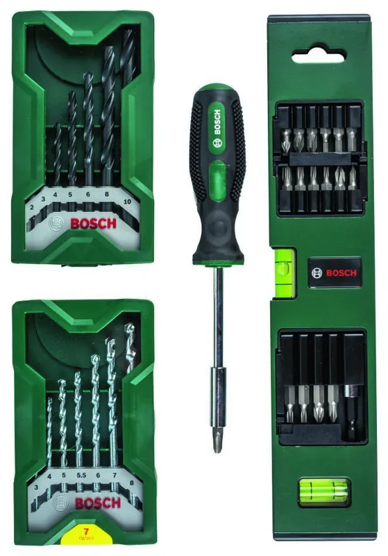 Bosch Vert Accessoires 2607017200 Jeu d‘embouts de vissage mini-X-Line avec tournevis à main et niveau à bulle