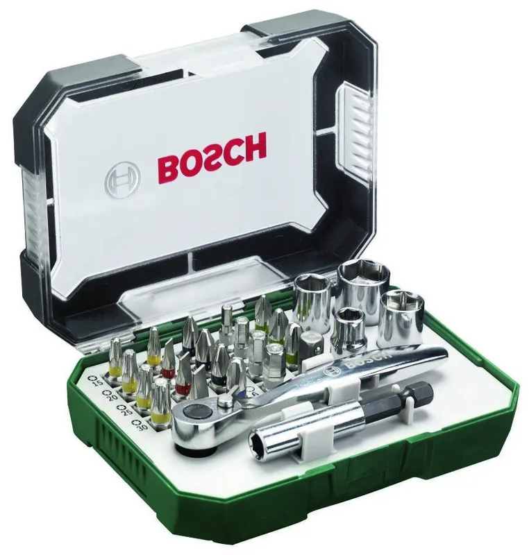 Bosch Vert Accessoires 2607017322 Jeu d‘embouts de vissage et de cliquets à code couleur 26 pièces