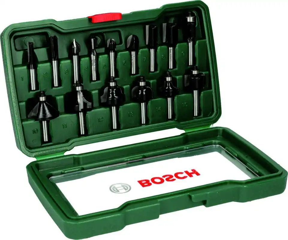 Bosch Vert Accessoires 2607019469 HM Jeu de fraises à bois arbre de reprise 8mm 15 pièces
