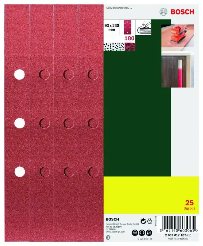 Bosch Vert Accessoires 2607017107 Jeu de feuilles abrasives droites pour B+D 93x230mm K180 perforé 25 pièces