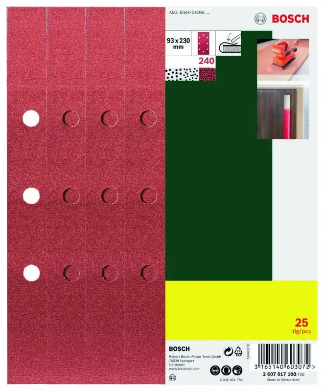 Bosch Vert Accessoires 2607017108 Feuille abrasive droite pour B+D 93x230mm K240 perforée 25 pièces