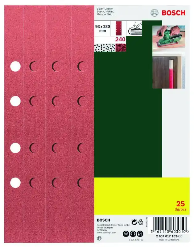 Bosch Vert Accessoires 2607017102 Jeu de feuilles abrasives plates 93x230mm K240 perforées 25 pièces