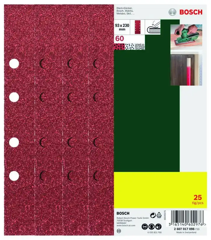 Bosch Vert Accessoires 2607017098 Jeu de feuilles abrasives plates 93x230mm K60 perforées 25 pièces