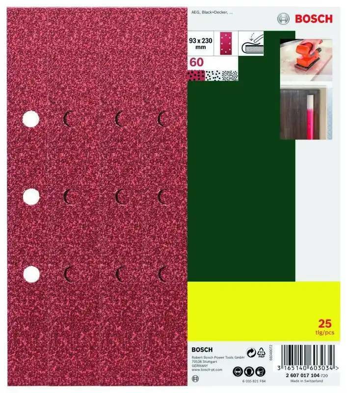Bosch Vert Accessoires 2607017104 Jeu de feuilles abrasives pour B+D 93x230mm K60 perforé 25 pièces