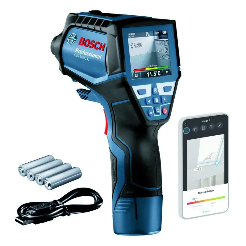 Bosch Bleu 0601083300 GIS 1000 C Thermo détecteur 4x batterie 1.5V AA adaptateur de batterie et câble micro-USB