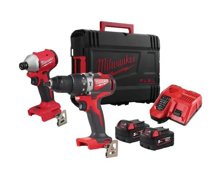 Milwaukee 4933492844 M18 BLPP2A3-502X Powerpack 18V 5.0Ah Li-Ion - M18BLPD2 Perceuse à percussion sans fil + M18BLIDR Visseuse à percussion
