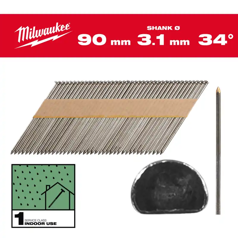 Milwaukee Accessoires 4932492598 Clous en fil métallique, 34°, tête en D 90 mm / SS / B / SC1 - 2.200 pc
