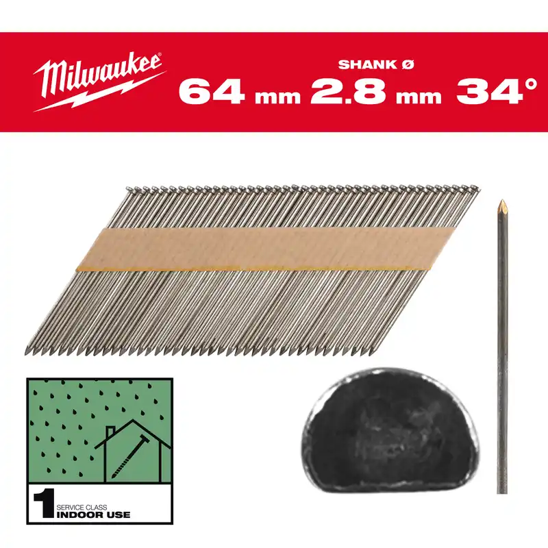 Milwaukee Accessoires 4932492596 Clous en fil métallique, 34°, tête en D 64 mm / SS / B / SC1 - 2.200 pc