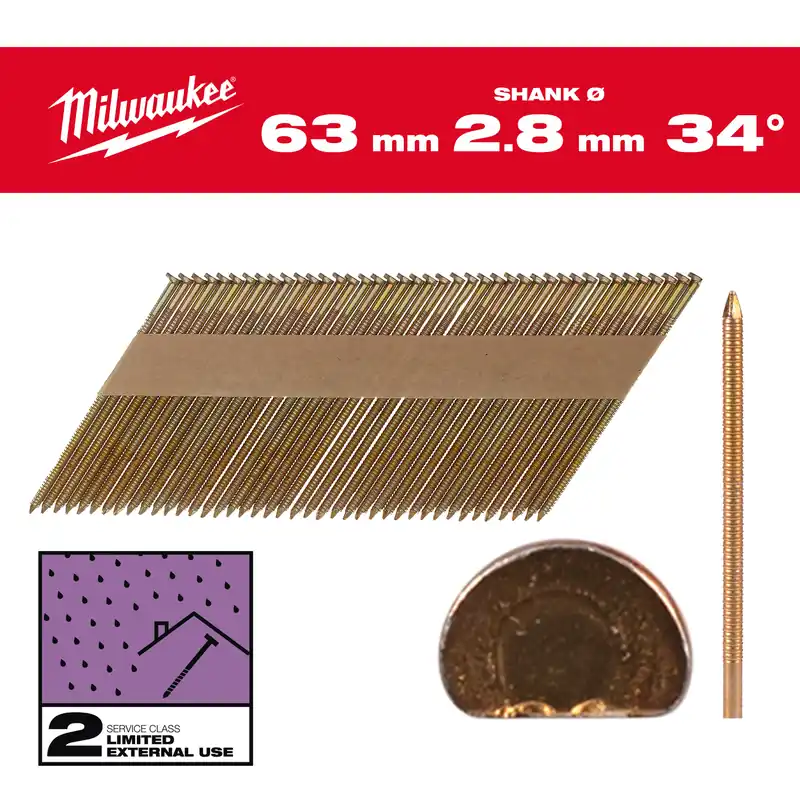 Milwaukee Accessoires 4932492607 Clous en fil métallique, 34°, tête en D 63 x 2,8 mm / RS / G / SC2 - 2.200 pc