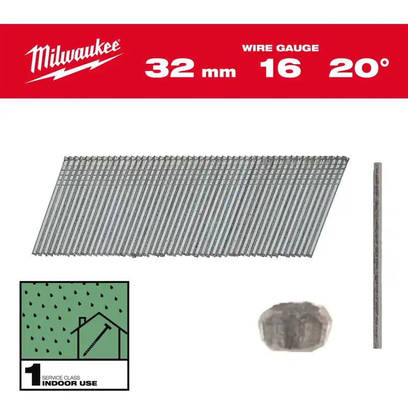 Milwaukee Accessoires 4932492582 Pointes de finition, calibre 16, 20°, tête fine 16G / 20° / 32 mm / G / SC1 - 2.000 pc