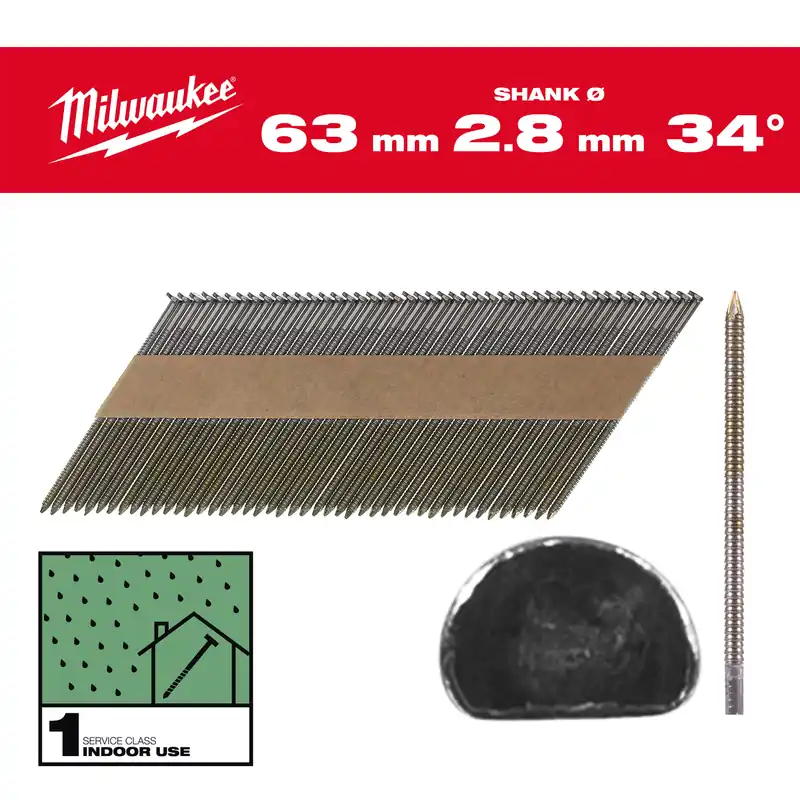 Milwaukee Accessoires 4932492600 Clous en fil métallique, 34°, tête en D 63 mm / RS / B / SC1 - 2.200 pc