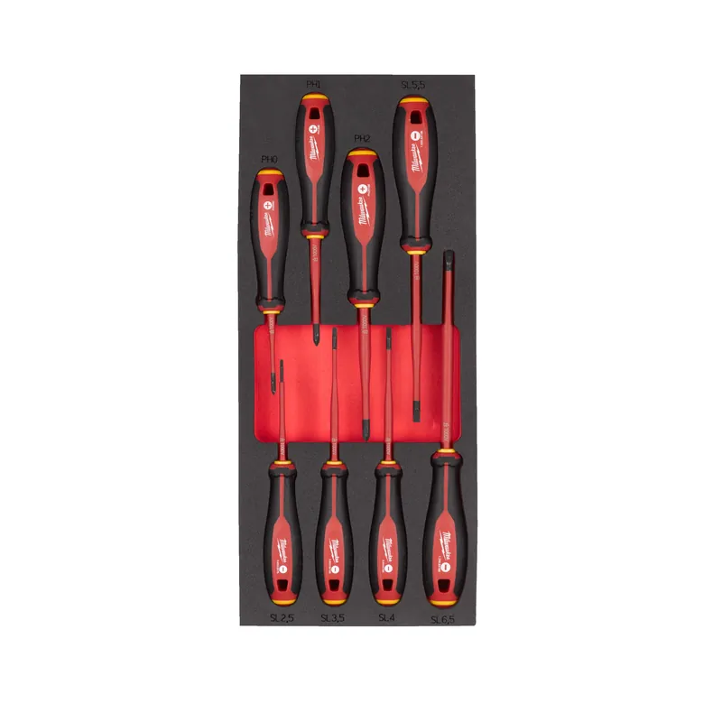 Milwaukee Accessoires 4932493249 Jeu de tournevis VDE à trois lobes avec revêtement en mousse (8 pièces)