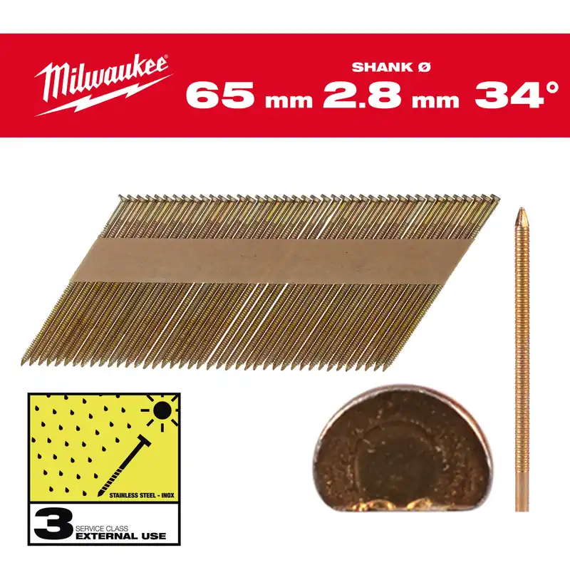 Milwaukee Accessoires 4932492614 Clous en fil métallique, 34°, tête en D 63 mm / RS / HDG / SC3 - 2.200 pc