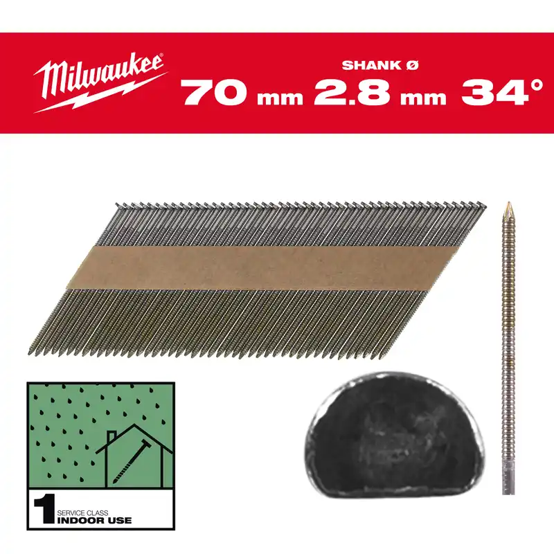 Milwaukee Accessoires 4932492601 Clous en fil métallique, 34°, tête en D 70 mm / RS / B / SC1 - 2.200 pc