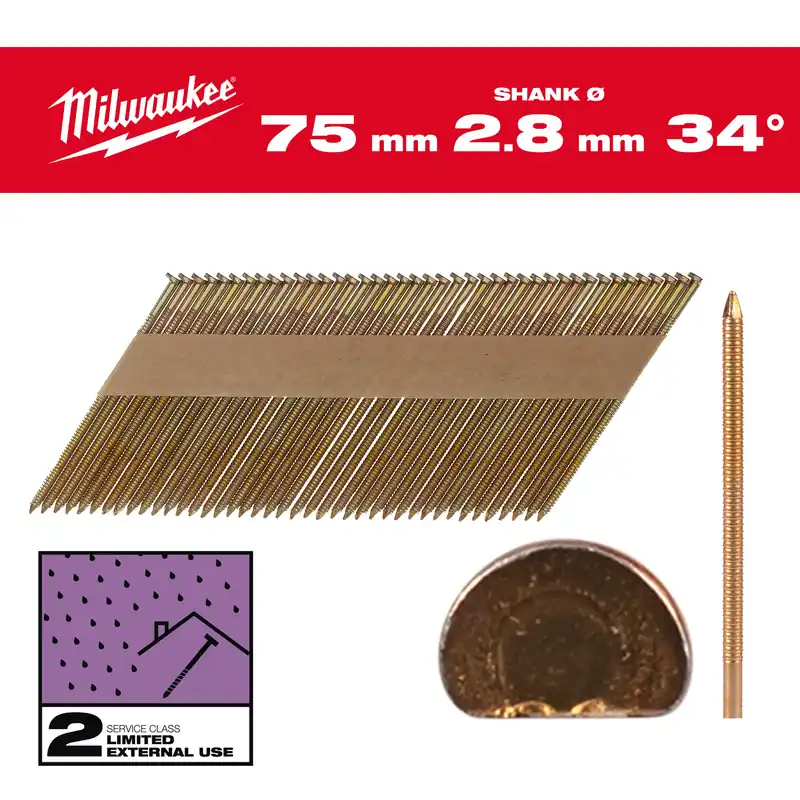 Milwaukee Accessoires 4932492608 Clous en fil métallique, 34°, tête en D 75 x 2,8 mm / RS / G / SC2 - 2.200 pc