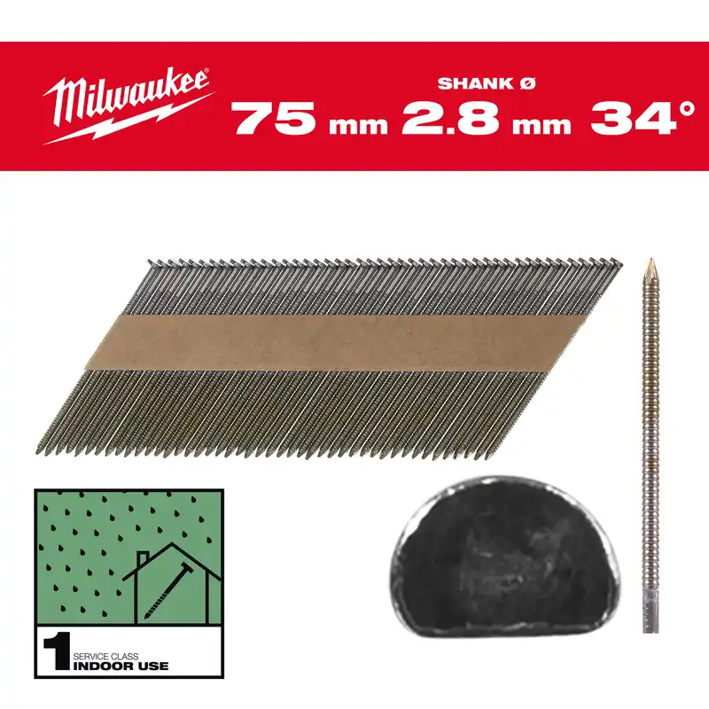 Milwaukee Accessoires 4932492602 Clous en fil métallique, 34°, tête en D 75 mm / RS / B / SC1 - 2.200 pc