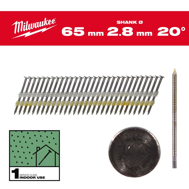 Milwaukee Accessoires 4932492587 Clous en fil métallique, 20°, tête ronde 65 mm / RS / B / SC1 - 2.000 pc