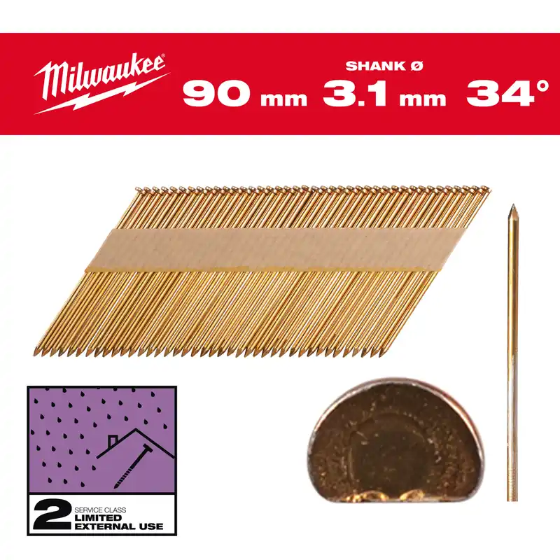 Milwaukee Accessoires 4932492605 Clous en fil métallique, 34°, tête en D 90 mm / SS / G / SC2 - 2.200 pc