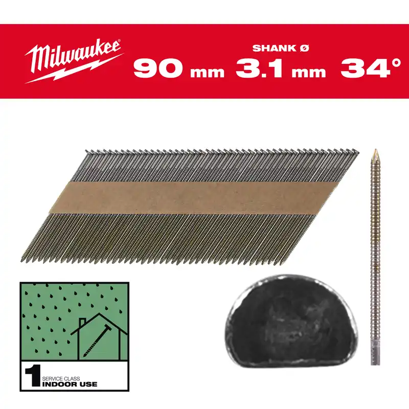 Milwaukee Accessoires 4932492604 Clous en fil métallique, 34°, tête en D 90 mm / RS / B / SC1 - 2.200 pc