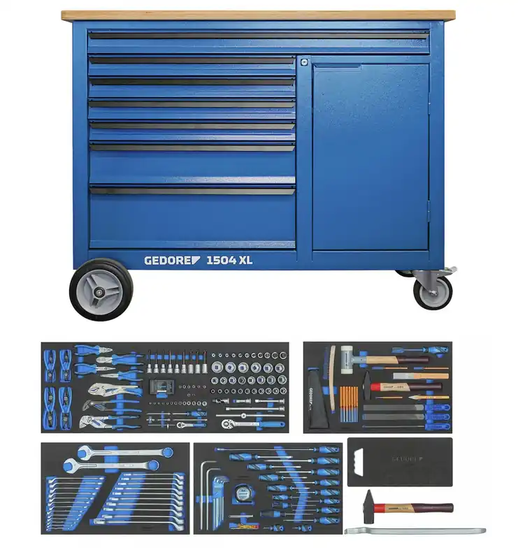 Gedore 3434826 1504 XL-S-198 Établi mobile 198 pièces avec 7 tiroirs