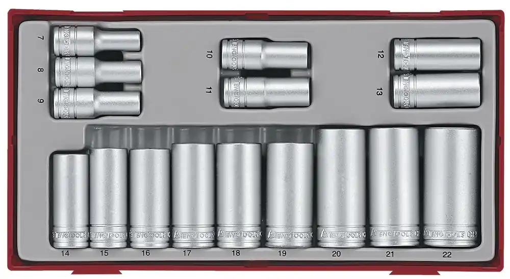 Teng Tools 144300100 TT3816 Jeu de bouchons profonds TT1 plateau 3/8 7-22mm 16 pièces 6 côtés