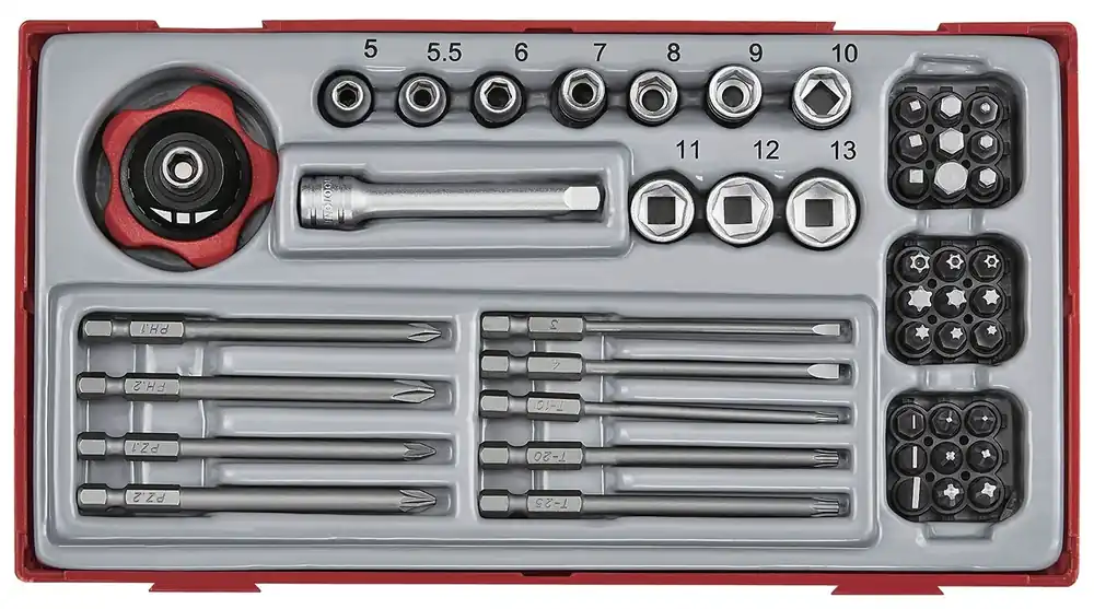 Teng Tools 122390570 Jeu de capuchons et d‘embouts TT1 plateau 1/4 Plat- PH- PZ- HEX- TX- rob 48 pcs.