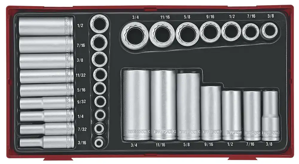 Teng Tools 284680105 TTAF3212 Jeu de douilles AF 1/4" + 3/8" 32 pièces Plateau TC