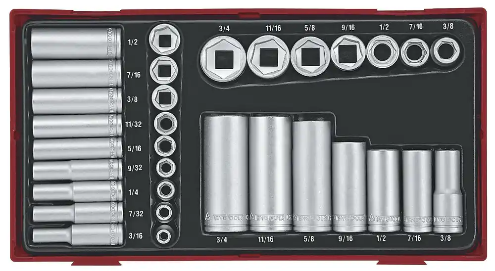 Teng Tools 68610104 TTAF32 Jeu de capuchons courts longs TT1 tray 1/4" de 3/16" à 1/2" 3/8" de 3/8" à 3/4" AF 32 pièces 6 côtés