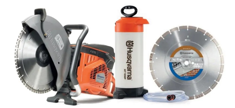 Husqvarna PowercutterK970350mmset K970 Motor cutter 350 mm + Réservoir d‘eau + Lame de scie diamantée Tacti-Cut S50 Plus