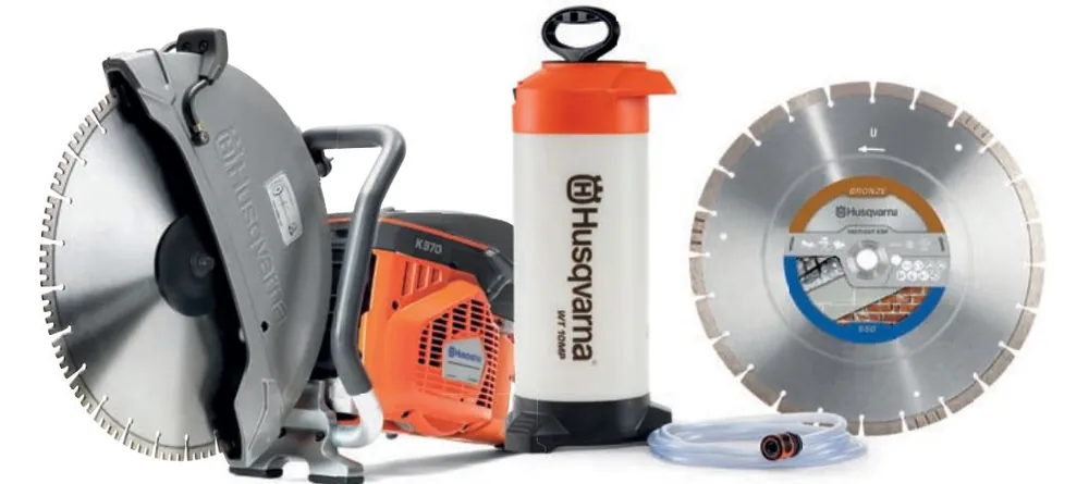 Husqvarna PowercutterK970400mmset K970 Motor cutter 400 mm + Réservoir d‘eau + Lame de scie diamantée Tacti-Cut S50 Plus
