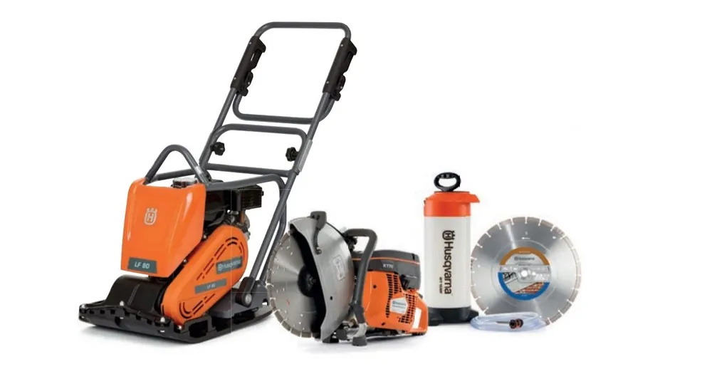Husqvarna Powercutter/TrilplaatLF80LK770350mmset LF80L Plaque vibrante + K770 Motor cutter 350 mm + Réservoir d‘eau + Lame de scie diamantée Tacti-Cut S50 Plus