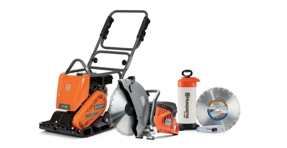 Husqvarna Powercutter/TrilplaatLF80LK970350 LF80L Plaque vibrante + K970 Motor cutter 350 mm + Réservoir d‘eau + Lame de scie diamantée Tacti-Cut S50 Plus
