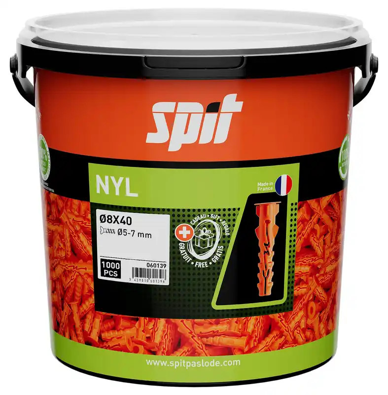 Spit 060139 Bouchon universel en nylon avec collier D8x40 1000 pièces en seau