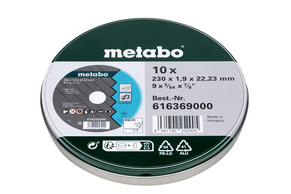 Metabo Accessoires 616369000 10 meules à tronçonner SP 230x1,9x22,23 Inox, TF 41