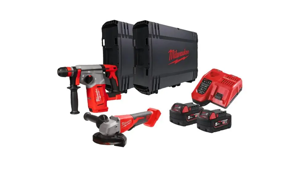 Milwaukee 4933498575 M18 BLPP2G-502X Comboset - M18 BLHX marteau combiné sans fil + M18 BLSAG125XPD meuleuse sans fil 18V 5.0Ah Li-Ion dans HD Box