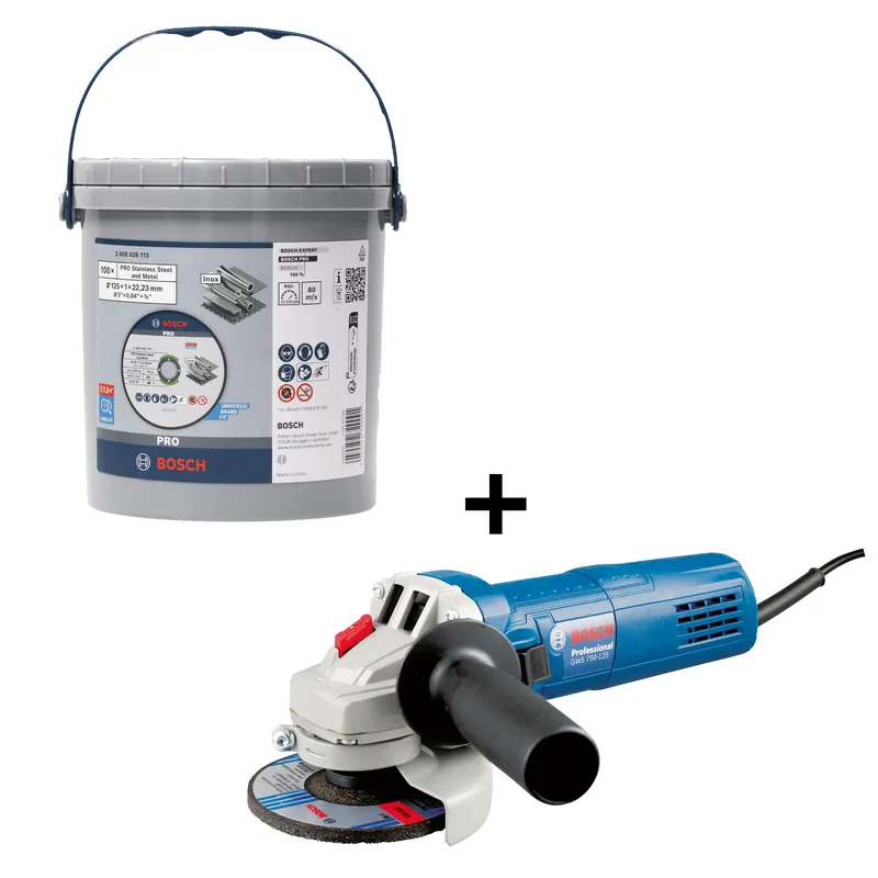Bosch Bleu Accessoires 2608626113GWS750 6 x WA 60 T BF Pro Disque à tronçonner INOX et métal 125 x 1,0 mm 100 pièces en godet + Meuleuse d‘angle GWS 750 gratuite