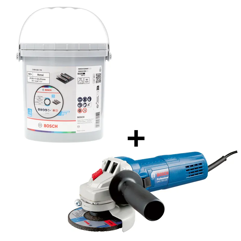 Bosch Bleu Accessoires 2608626116GWS750 8 x A 60 T BF Standard Disque à tronçonner métal 125 x 1,0 mm 100 pièces en seau + Meuleuse d‘angle GWS750 gratuite