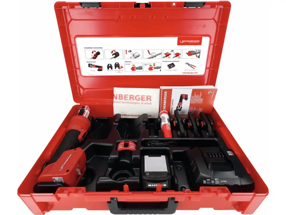 Rothenberger 1000005046 ROMAX NANO Kit de machine de pressage hybride comprenant des mâchoires de pressage iJAWs SV, 15-22-28mm, 2Ah, CAS